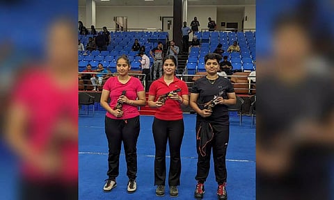 Manu Bhaker (C) finished OST T4 with final score of 42, Simranpreet (L) finished second and Abhidnya stood third
