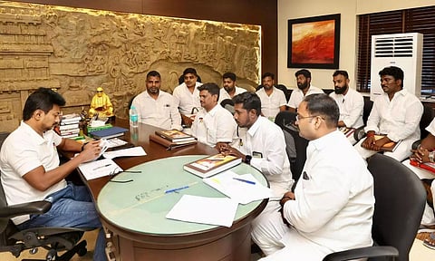 Minister Udhayanidhi during a meeting with Puducherry functionaries in Chennai on Friday