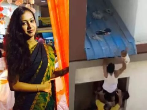L-R: The deceased, Ramya; her infant daughter being rescued by a neighbour after getting stuck on a sun shade, on April 18, near Avadi, Chennai.