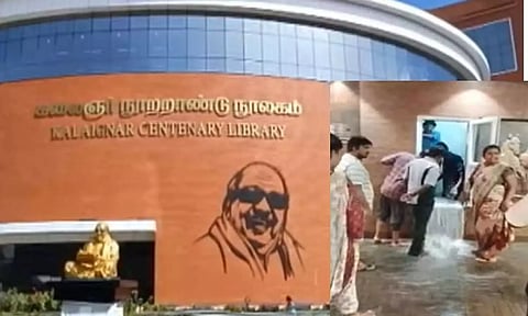 A visual from the Madurai Kalaignar Centenary Library where rainwater had seeped into a lower floor. (Videograb)
