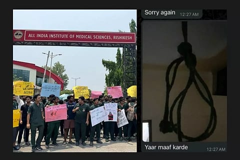 L-R: Students, doctors at AIIMS-Rishikesh agitate against the nursing doctor accused of sexually harassing a female doctor'; a screenshot of an 'apology' text from the accused to the victim, as accessed by DT Next.
