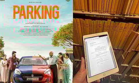 (L-R) 'Parking' movie poster,&nbsp;Parking movie&nbsp;screenplay&nbsp;