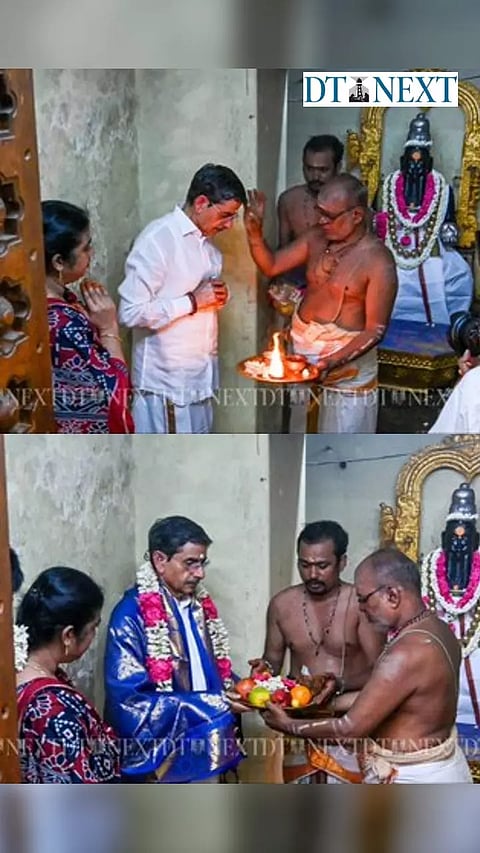 Governor R N Ravi offers prayers at the Thiruvalluvar temple in Mylapore.