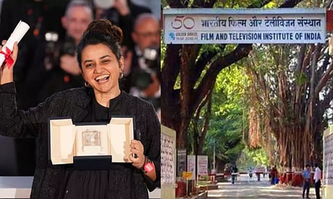 Filmmaker Payal Kapadia after winning the Grand Prix for her film "All We Imagine as Light" at Cannes Film Festival on May 25, 2024; her alma mater, the Film and Television Institution of India (FTII) in Pune. (Photos | AP/PTI)