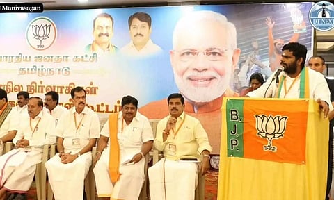 K Annamalai speaking at BJP TN state administrators and district secretaries meeting. (Photo: Manivasagan N)