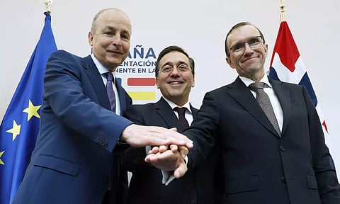 Norway's Foreign Minister Espen Barth Eide, Spain's Foreign Minister Jose Manuel Albares Bueno and Ireland's Foreign Minister Micheal Martin pose for a photo, at the end of a media conference, during talks on the Middle East, in Brussels, Monday, May 27, 2024.(Image Credit: AP)