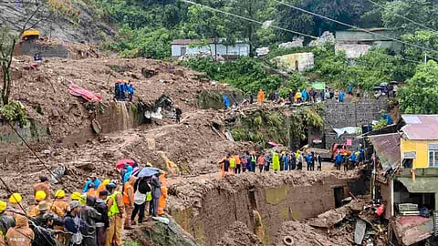 Aizawl: Rescue work underway after a stone quarry collapsed amid heavy rain in the aftermath of Cyclone Remal, in Aizawl district, Tuesday, May 28, 2024. (PTI Photo)