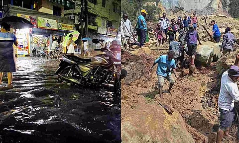 (L-R) A visual from the aftermath of Cyclone 'Remal' in Siliguri, West Bengal; a visual from the recent landslide in Papua New Guinea (PTI/AP)