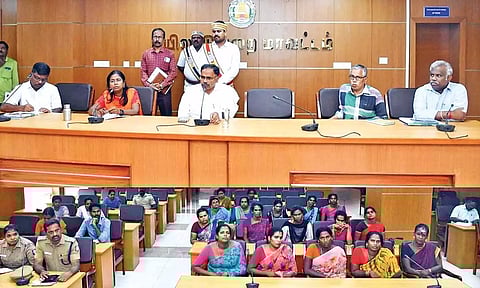 Mayiladuthurai Collector Mahabharathi speaks to a group of trans persons on Wednesday