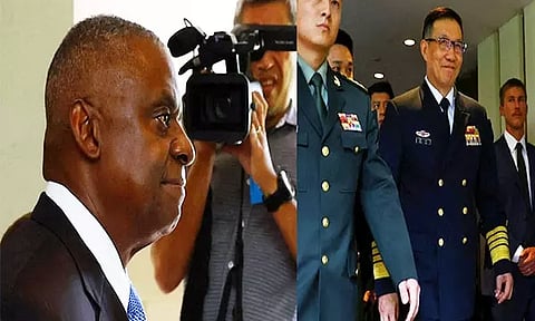 US Defence Secy Llyod Austin (right) and Chinese Defence Minister Dong Jun arrives for a US-China bilateral meeting on sidelines of Shangri-La Dialogue in Singapore (Photo: Reuters)