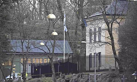 Officers stand near the Isreali Embassy in Stockholm, Sweden (AP)