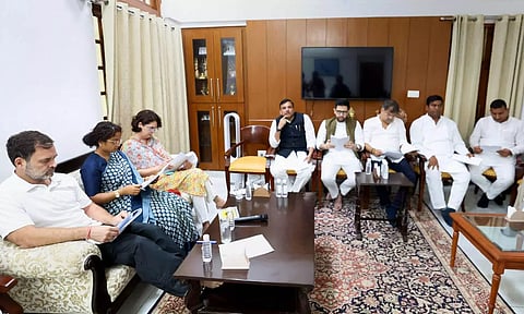 Congress leaders Rahul Gandhi, Priyanka Gandhi, JMM's Kalpana Soren, AAP MP Sanjay Singh and others during the INDIA Bloc's meeting (PTI)