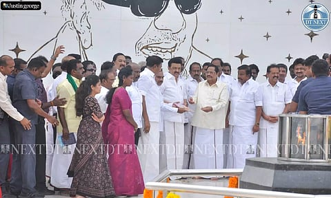 Tamil Nadu CM Stalin arrived at Kalaignar Karunanidhi Memorial to pay homage to former CM late M Karunanidhi on the occasion of his birth anniversary (Photo: Justin George)
