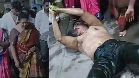 (L to R) Radhika Sarath Kumar; Actor Sarath kumar performs 'Angapradakshinam' in Virudhunagar temple