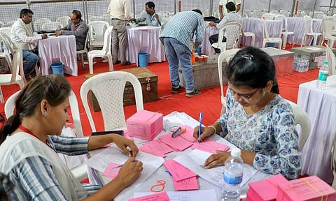Police personnel patrol during a high alert near a counting centre on the eve of Lok Sabha elections result, in Jammu (PTI)