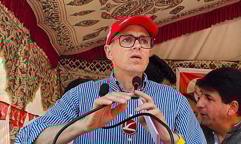 National Conference leader and party candidate from Baramulla constituency Omar Abdullah addresses a public meeting (PTI)
