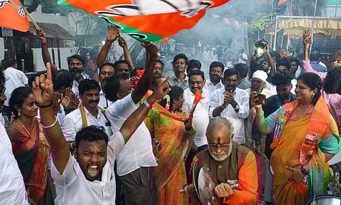 BJP cadre rejoice over NDA’s victory in Chennai on Tuesday&nbsp;