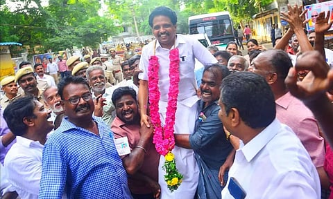 DMK, CPM cadres celebrate CPM candidate Su Venkatesan’s win in Madurai on Tuesday 
