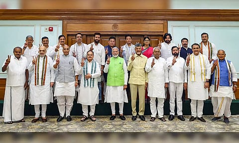 PM Narendra Modi with BJP President J P Nadda, TDP chief N Chandrababu Naidu, JD(U) chief Nitish Kumar and other leaders during a meeting of the National Democratic Alliance (NDA) at PM's residence, in New Delhi (PTI)