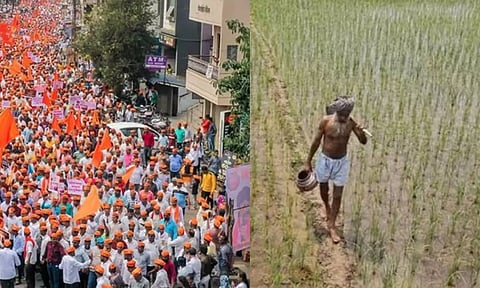 A visual from a Maratha community protest march; a farmer in Maharashtra (PTI File Photos)