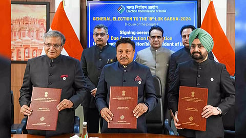 Chief Election Commissioner of India Rajiv Kumar during the signing ceremony of the Due Constitution Notification, to be handed over to the President (Photo/PTI)