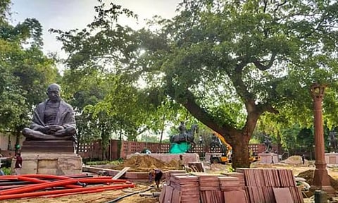 Statues of Mahatma Gandhi and others during relocation within the Parliament premises as part of the redevelopment project (PTI)&nbsp;