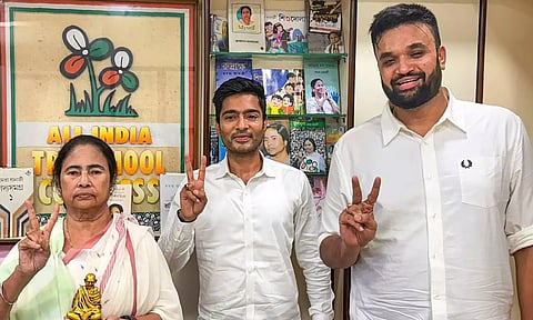 West Bengal CM Mamata Banerjee, TMC National General Secretary Abhishek Banerjee and I-PAC chief Pratik Jain after results for the Lok Sabha were declared on Tuesday (PTI)
