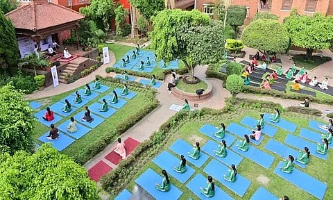 Yoga session being held on the premises of Kathmandu Temple (ANI)