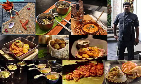 (L to R) Nethili fry, Pichavaram yeral pidi urundai roast,Pichavaram yeral pidi urundai roast,  Black rice halwa, Sura puttu kola wadai, Nandu rasam, Thiruvindhai karuppu ulunthu wadai, Sennakuni podi idli, Fore Shore Estate kanava tawa roast and Nandu omelette (Photos: Justin George)