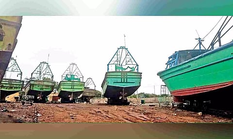 Mechanised boats being dry-docked in Thoothukudi