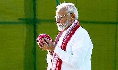 PM Narendra Modi pays floral tribute to former prime minister Atal Bihari Vajpayee at his memorial Sadaiv Atal, ahead of his swearing-in ceremony as the prime minister for the third consecutive term (PTI)