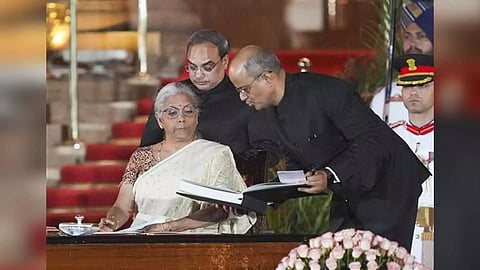 BJP MP Nirmala Sitharaman takes oath as minister during the swearing-in ceremony of new Union government, at Rashtrapati Bhavan in New Delhi, Sunday, June 9, 2024. (Photo/PTI)
