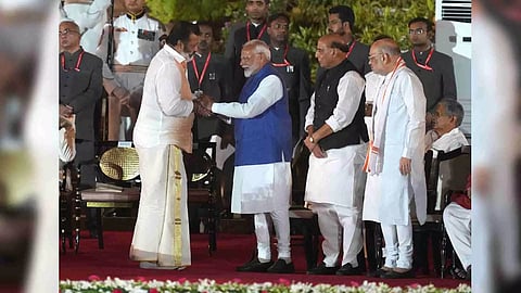Union Minister and actor-turned-politician Suresh Gopi and PM Modi at Rashtrapati Bhavan