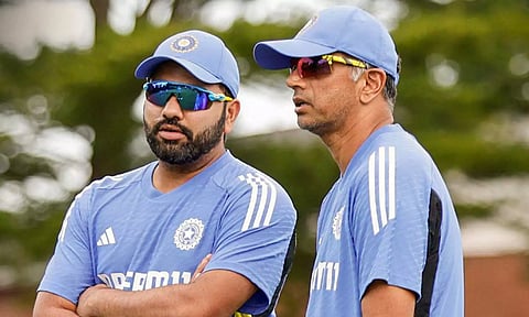 Rohit Sharma and Rahul Dravid during a practice session (PTI)