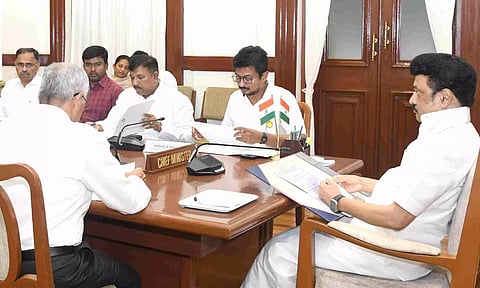 Chief Minister MK Stalin during a review meeting with Collectors at the Secretariat on Tuesday&nbsp;