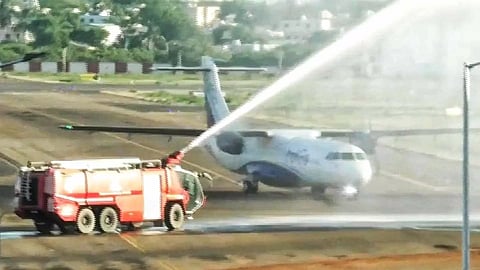 Flights getting a water salute on landing at Tiruchy airport’s new terminal on Tuesday
