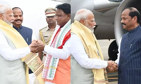 PM Modi with CM-designate Mohan Charan Manjhi and Odisha Governor Raghubar Das (Photo/ANI)