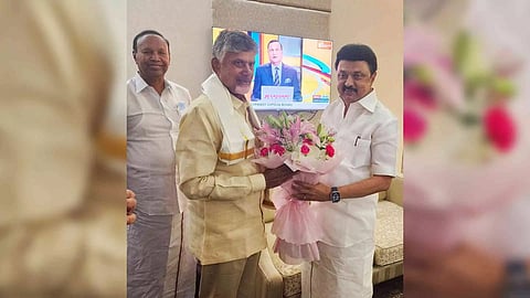 DMK Chief MK Stalin greets TDP President N Chandrababu Naidu at the Delhi airport, Wednesday (Photo/PTI)