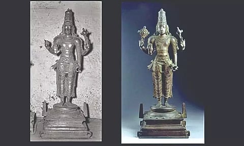 The 1957 photo of the Vishnu idol (L) and the idol now in a museum in the US