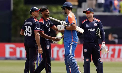 Shivam Dube shakes hands of USA players after the match (PTI)