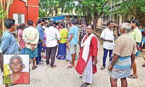 Other street vendors and relatives of Krishnaveni (inset) outside the mortury in RGGGH (Photo/Hemanathan M)