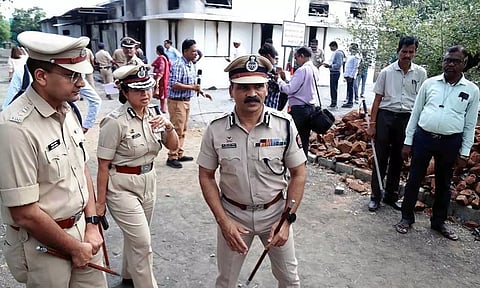 Nagpur Police Commissioner Ravinder Singal inspects the incident site after a massive fire broke out at a gunpowder factory, in Nagpur (Photo/ANI)