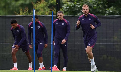 England's Harry Kane and his teammates during training ahead of the match against Serbia on Sunday&nbsp;