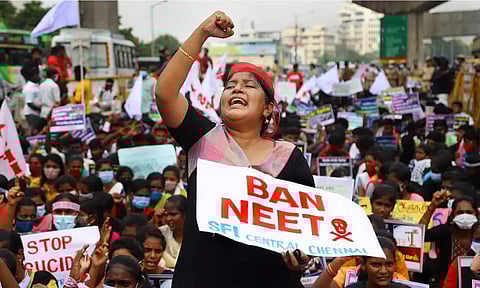 Students' Federation of India (SFI) members stage a protest against holding of the NEET exam, in Chennai. (PTI)
https://www.deccanchronicle.com/nation/current-affairs/061121/tn-student-kills-self-over-less-marks-in-neet.html