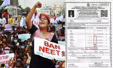 SFI members stage a protest against holding of the NEET exam, in Chennai; Anitha's class 12 marksheet (PTI)