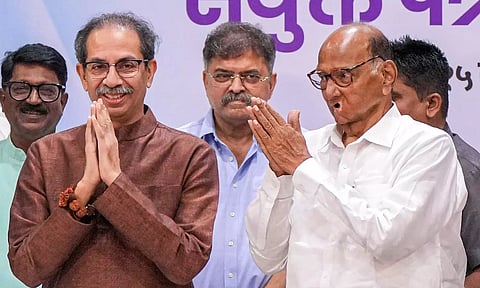 NCP chief Sharad Pawar, Shiv Sena (UBT) chief Uddhav Thackeray and Congress leader Prithviraj Chavan during a joint press conference, in Mumbai, Saturday
