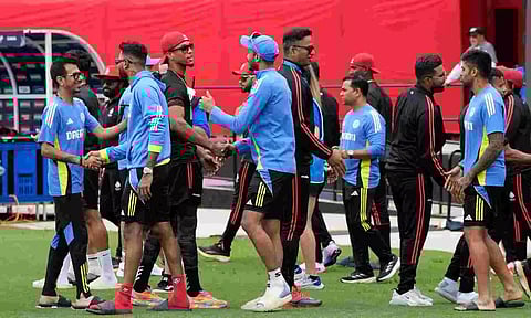 India and Canada team players after the match was called off due to wet outfield (PTI)