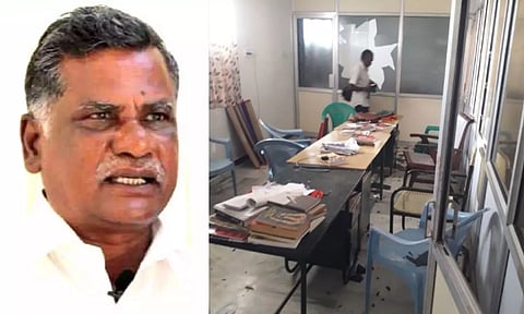 CPI state secretary R Mutharasan; a visual of the ransacked CPI(M) office in Tirunelveli.&nbsp;
