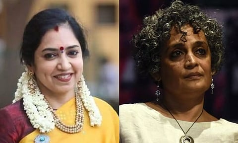 DMK MP Thamizhachi Thangapandian; author-activist Arundhati Roy. (Photos | Facebook/PTI)
