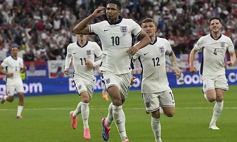 England’s Jude Bellingham celebrates after scoring a goal against Serbia (Photo: AP)